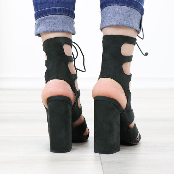 Olive Open Toe Chunky Block Heel Open Toe Sandal Gladiator Laced-Up Style Shoes - Picture 6 of 11